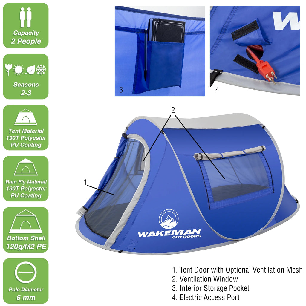 Water-Resistant 2-Person Pop-up Tent (Blue) B159