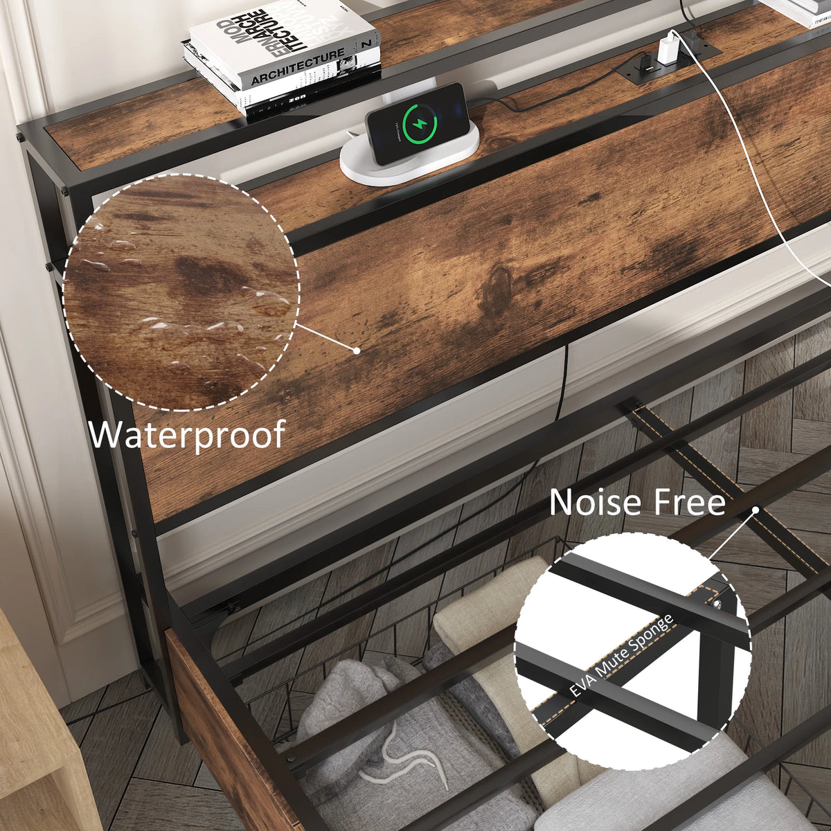 Queen Bed Frame with Headboard, Charging Station, LED, 4 Storage Drawers, Metal Support, Vintage Brown D263894