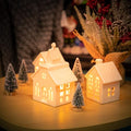 7PCS Christmas Village Sets - 3 LED Lighted Ceramic White Christmas Village Houses with Remote & 4 Trees P208