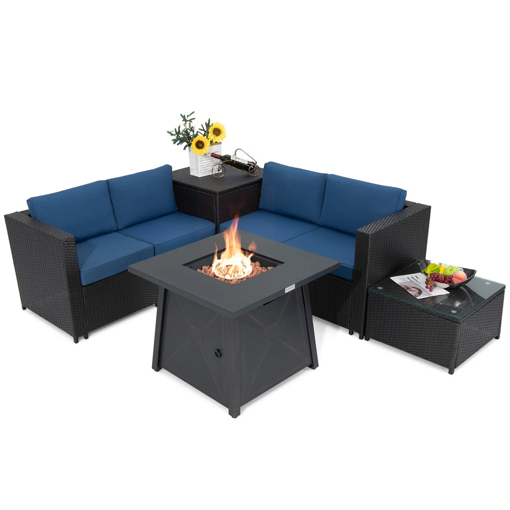 5-Piece PE Wicker Patio Furniture Set with Fire Pit Table G342049