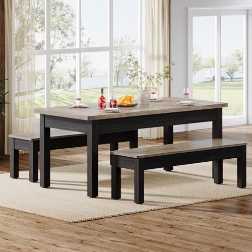 Farmhouse 55-Inch Wooden Dining Table Set with 2 Benches W6673
