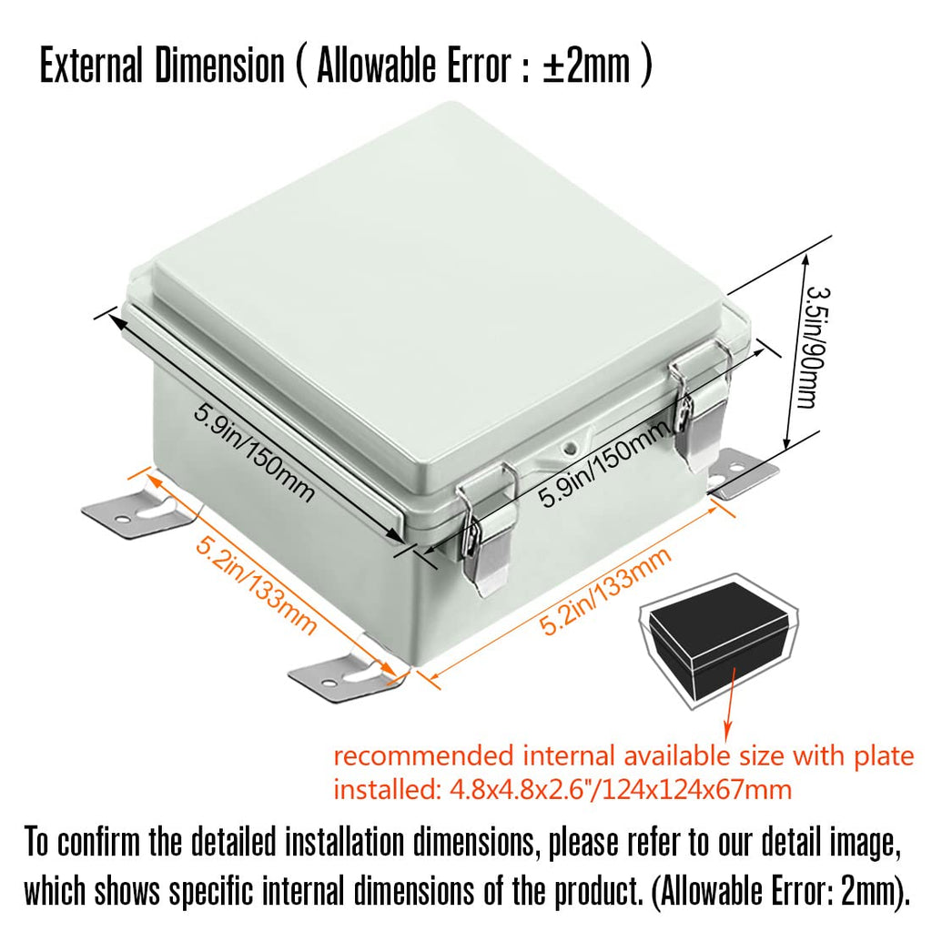ABS Junction Box Hinged Cover Stainless Steel Latch IP67 Waterproof Plastic Universal Enclosure 8.7x6.7x4.3 inch O42320