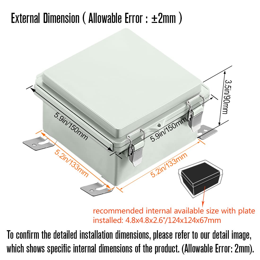 ABS Junction Box Hinged Cover Stainless Steel Latch IP67 Waterproof Plastic Universal Enclosure 8.7x6.7x4.3 inch O42320