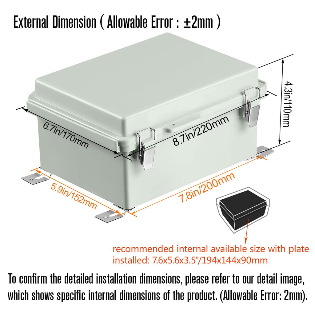 ABS Junction Box Hinged Cover Stainless Steel Latch IP67 Waterproof Plastic Universal Enclosure 8.7x6.7x4.3 inch O42320