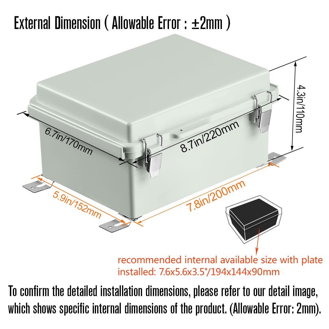ABS Junction Box Hinged Cover Stainless Steel Latch IP67 Waterproof Plastic Universal Enclosure 8.7x6.7x4.3 inch O42320