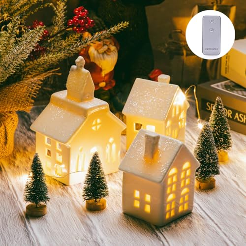 7PCS Christmas Village Sets - 3 LED Lighted Ceramic White Christmas Village Houses with Remote & 4 Trees P208