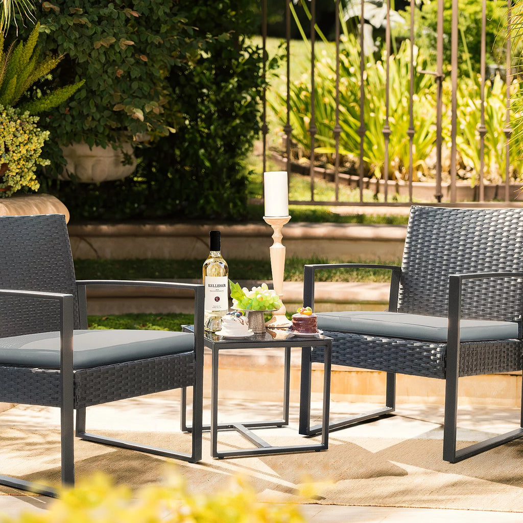 3 Pieces Cushioned PE Rattan Bistro Chairs Set of 2 with Coffee Table B429