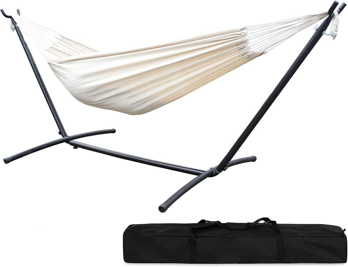 Double Hammock with Steel Stand 2 Person Heavy Duty 450lb Capacity Beige Pack of 2 H8340