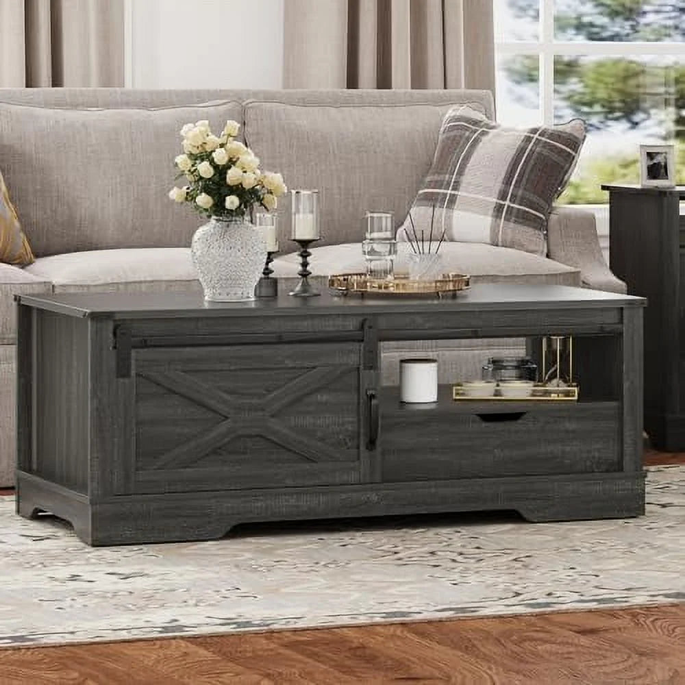 Dark Grey 48'' Rustic Coffee Table with Sliding Barn Door F732