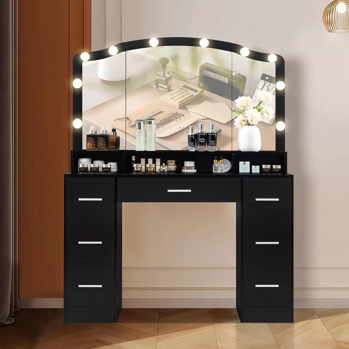 Black 43.3 inches Vanity Desk with Lighted Mirror 7 Drawers G50325