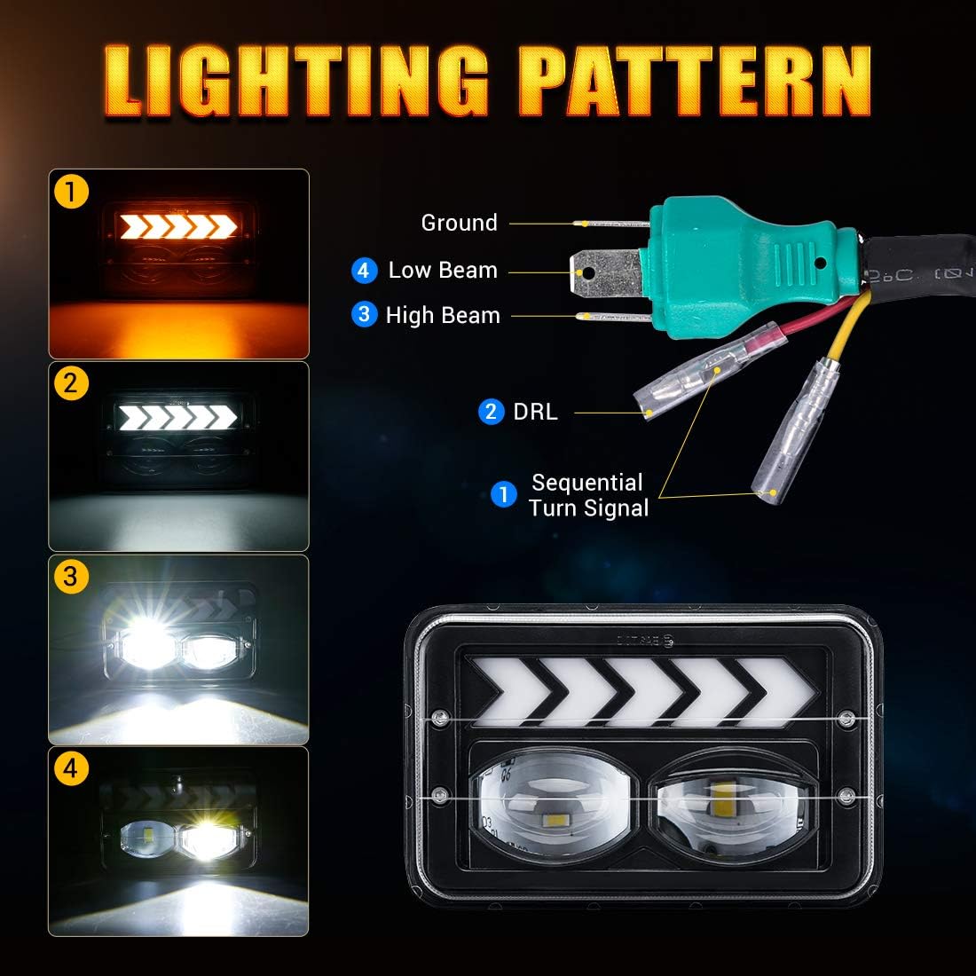 4pcs 4x6 inch LED Headlights Hi/Lo Beam Halo DRL Turn Signal Rectangular Replacement S11812