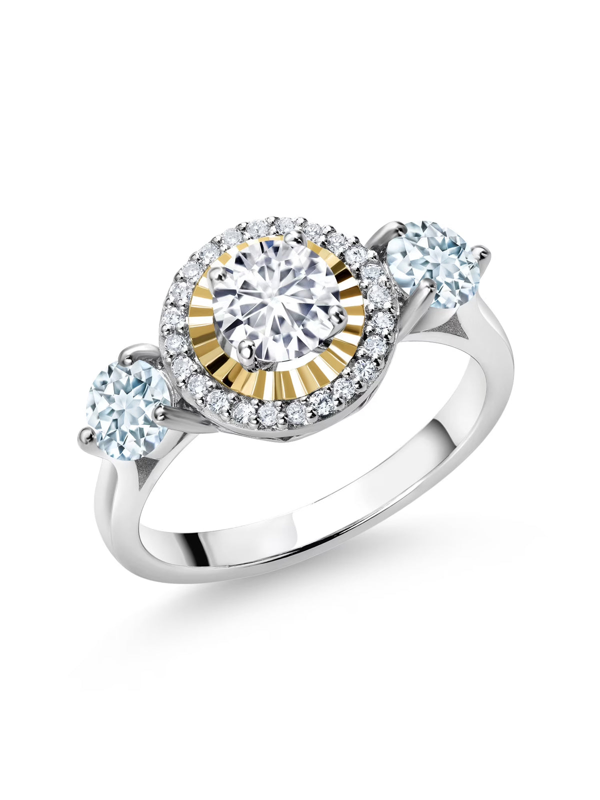 1.12 Ct Lab Grown Diamond Aquamarine 925 Silver 10K Yellow Gold 3 Stone Engagement Ring B362215