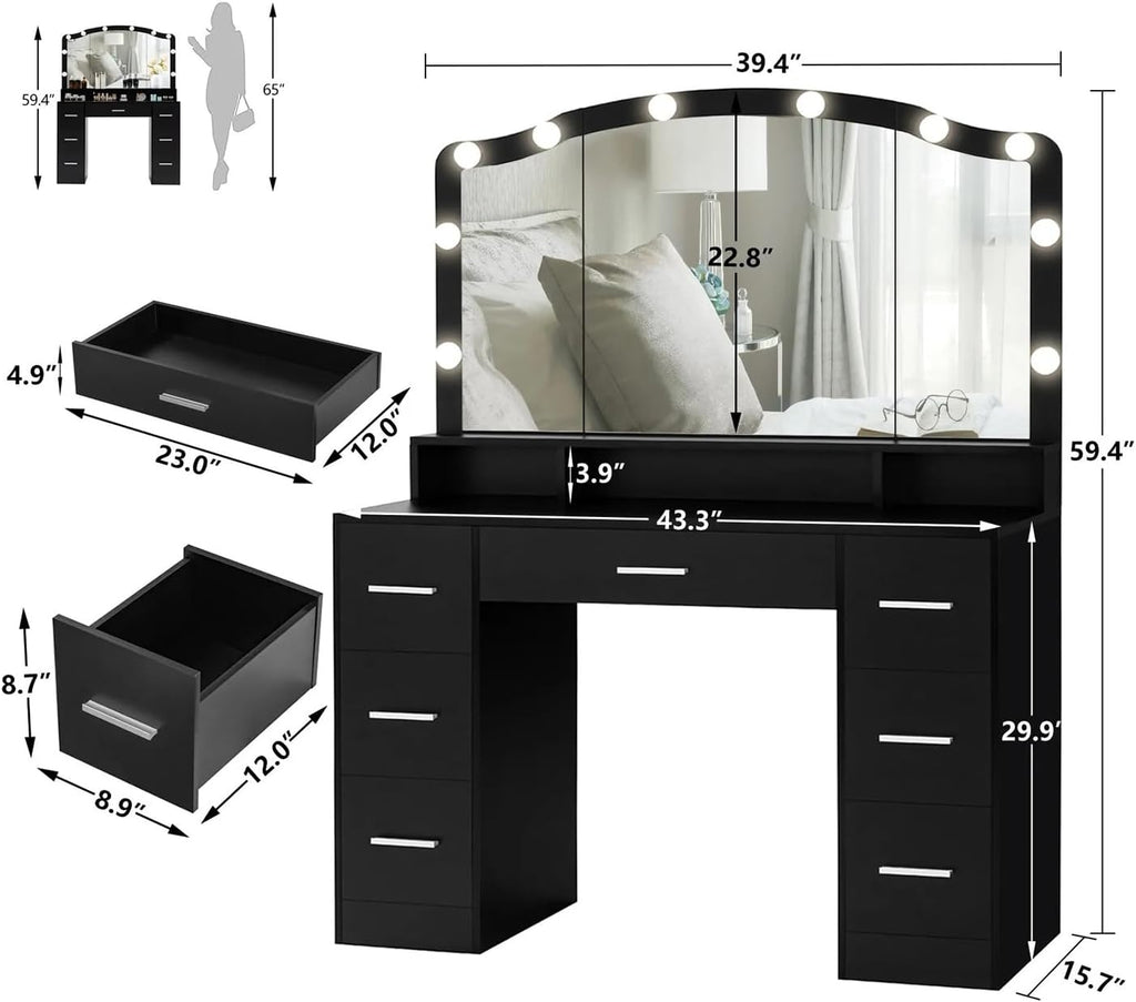 Black 43.3 inches Vanity Desk with Lighted Mirror 7 Drawers G50325