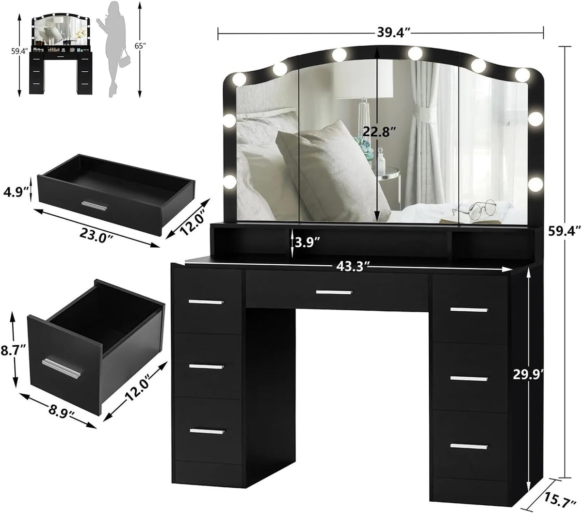 Black 43.3 inches Vanity Desk with Lighted Mirror 7 Drawers G50325
