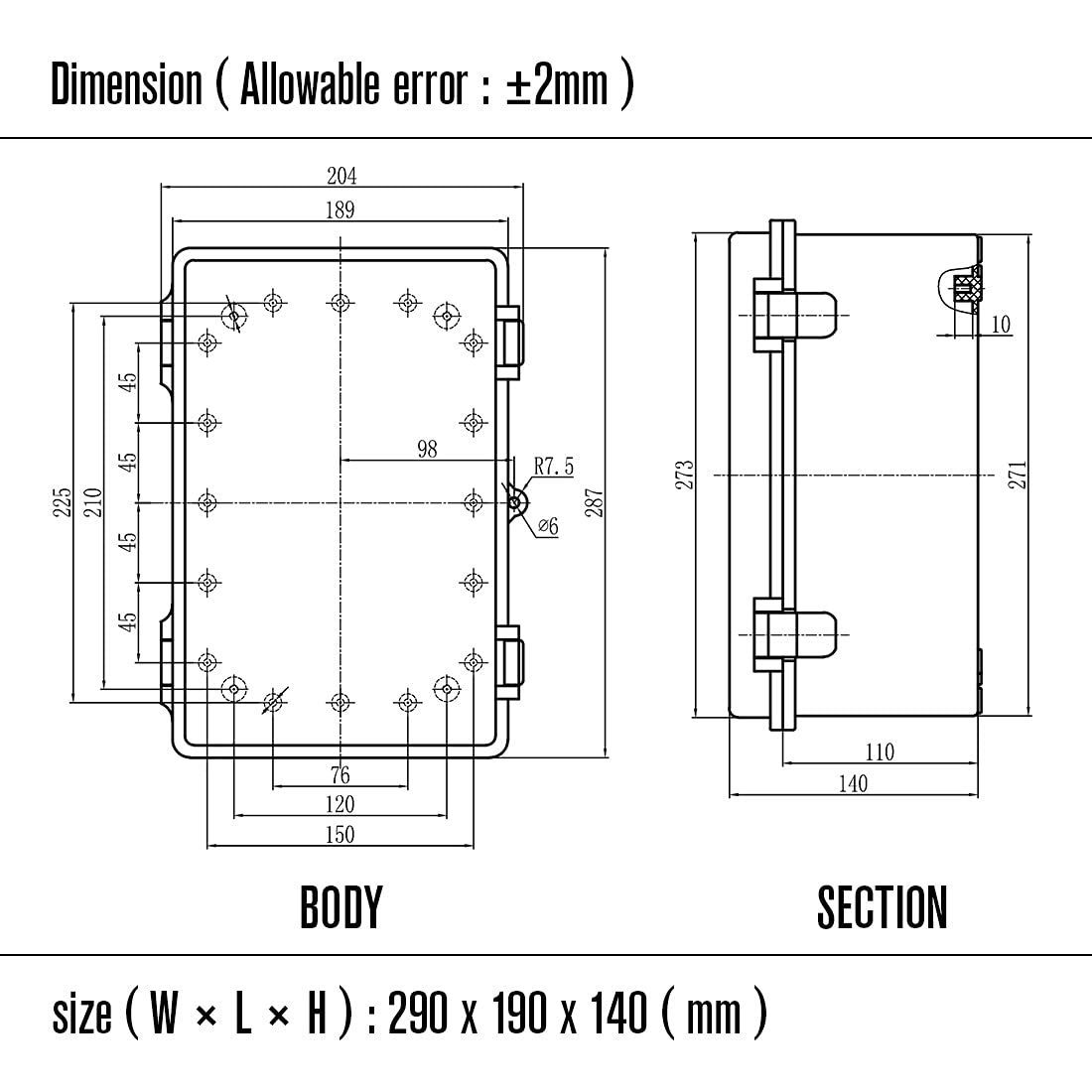 ABS Junction Box Hinged Cover Stainless Steel Latch IP67 Waterproof Plastic Universal Enclosure 8.7x6.7x4.3 inch O42320