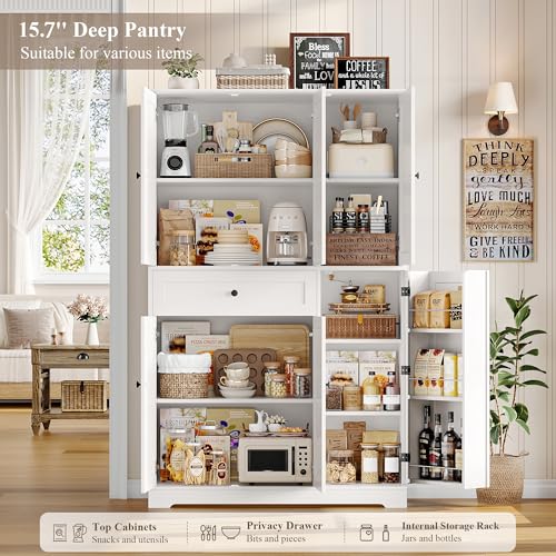 White Tall Kitchen Pantry Storage Cabinet with Doors and Shelves and Drawer C801326