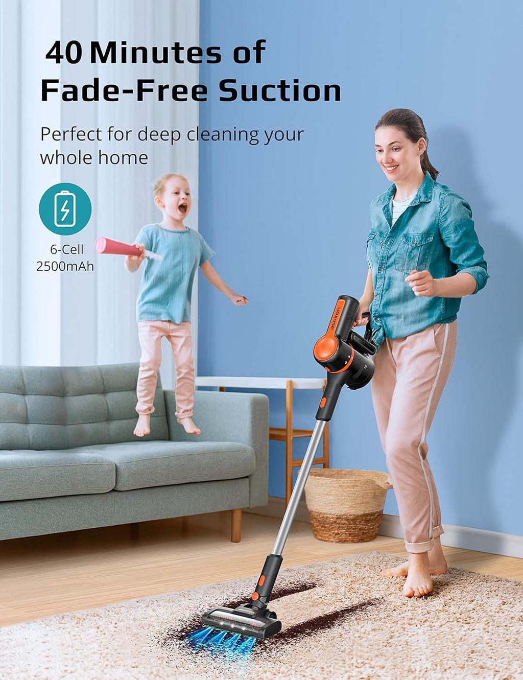 Cordless Stick Vacuum 6 in 1 with 2500 mAh Battery, 40mins Runtime, Brushless Motor, LED Light C3183