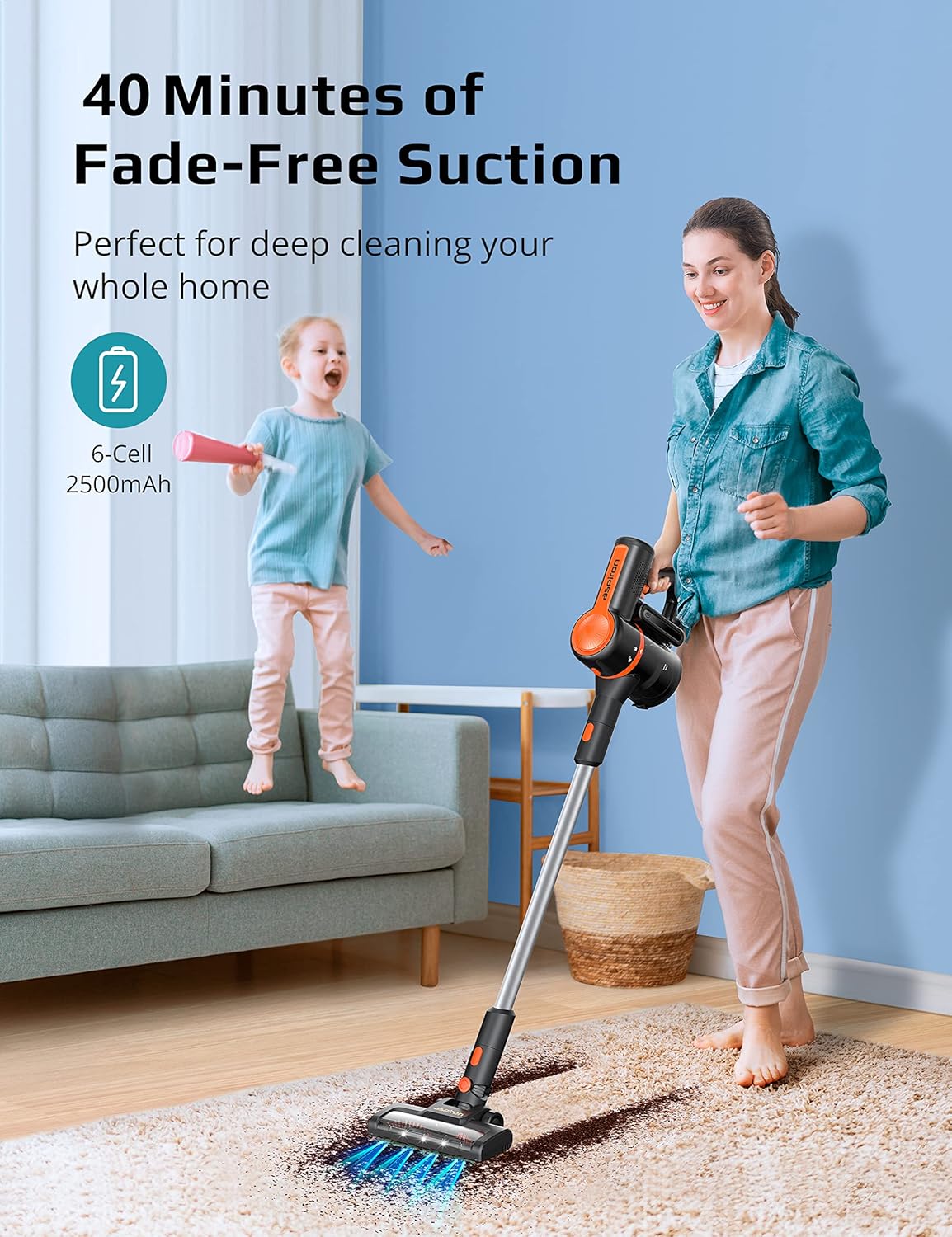 Cordless Stick Vacuum 6 in 1 with 2500 mAh Battery, 40mins Runtime, Brushless Motor, LED Light C3183
