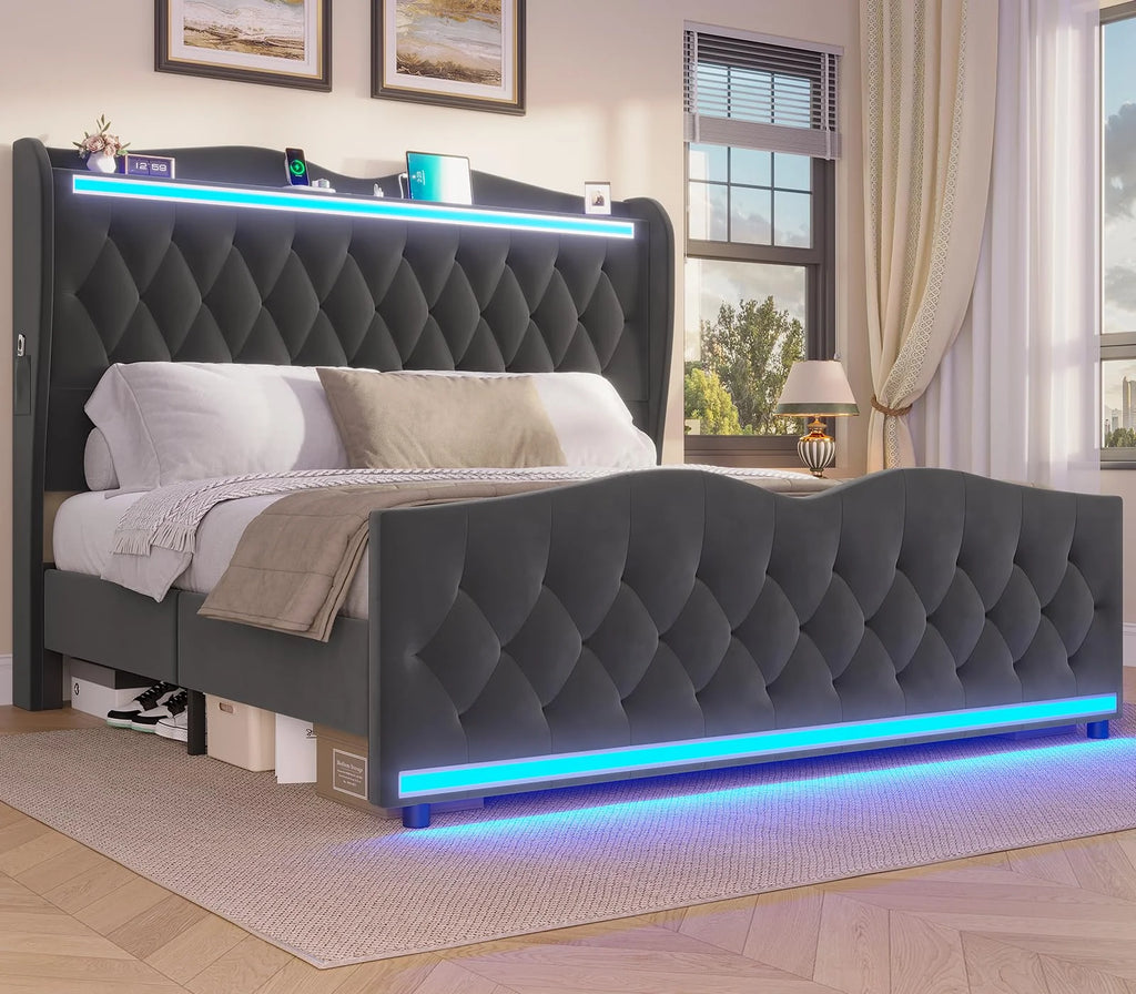 LED Full Size Bed Frame with Storage Headboard and Charging Station B47559