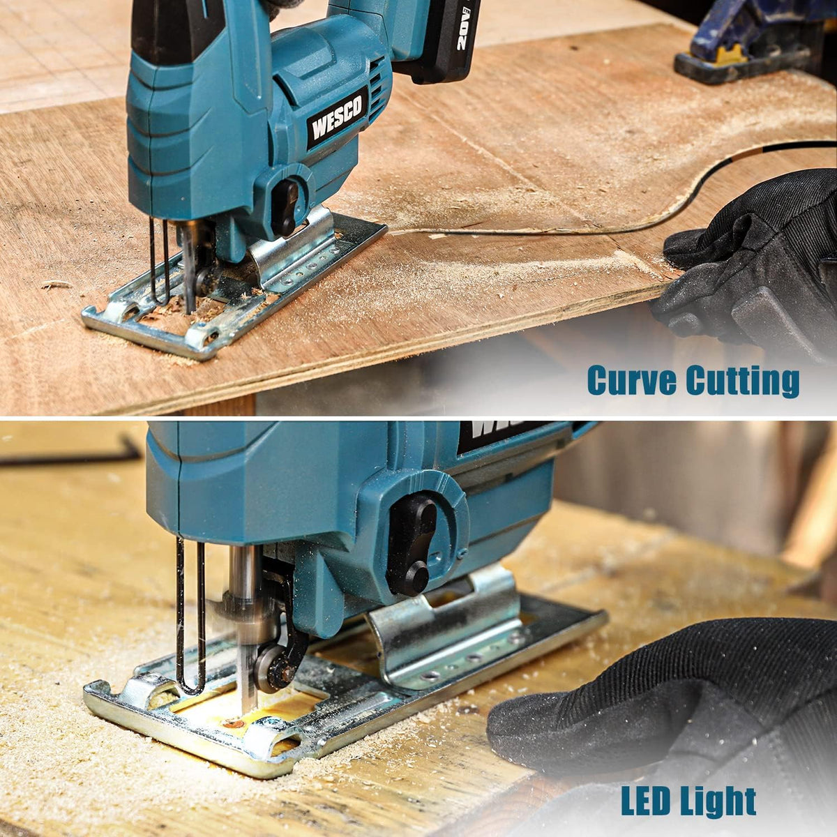 Cordless Jigsaw Tool with Battery, 2500SPM, ±45° Bevel, Adjustable Aluminum Base, LED Light, Pack of 2 S291