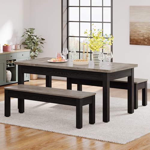Farmhouse 55-Inch Wooden Dining Table Set with 2 Benches W6673