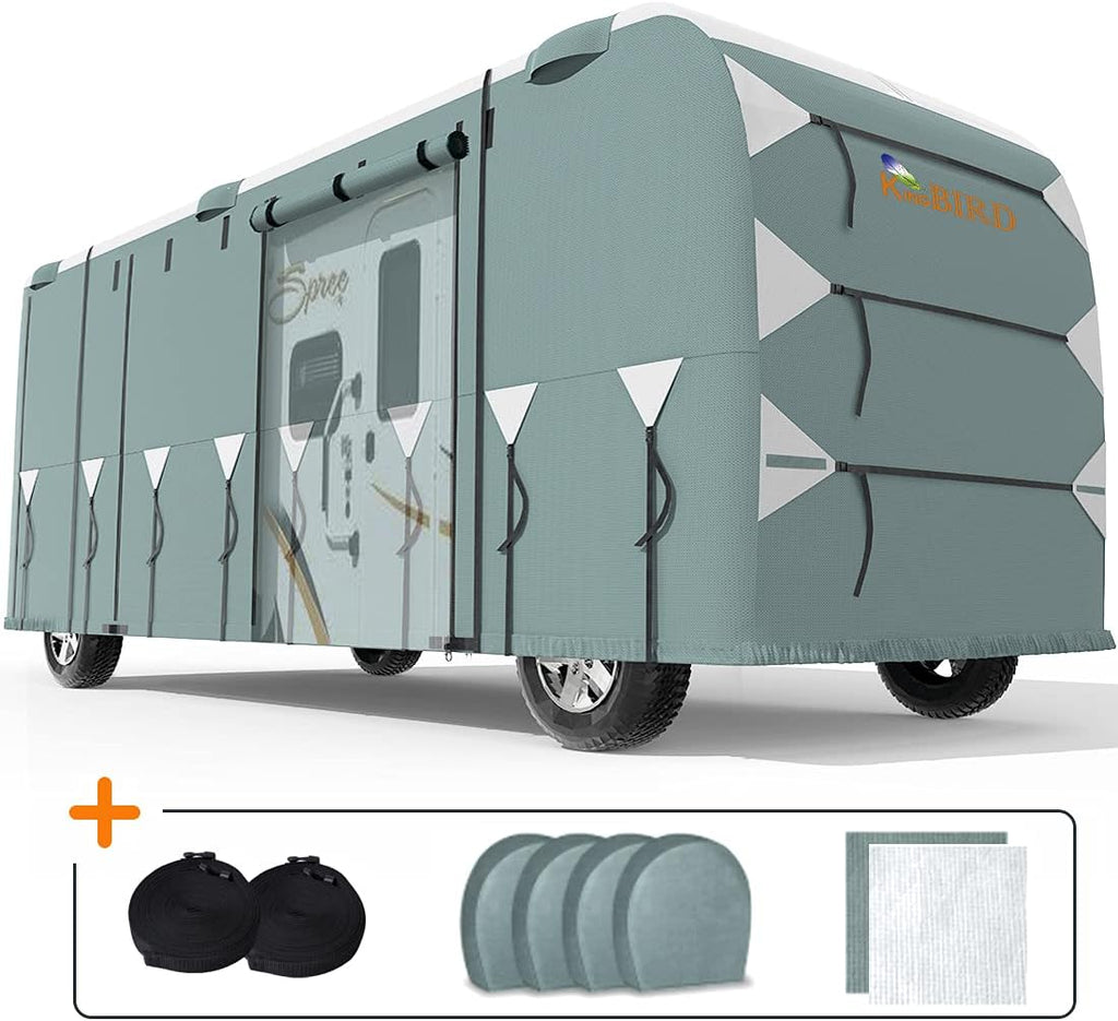 RV Cover, Extra-Thick 5 Layers Anti-UV Top Panel, Fits 40'-43' Motorhome, Water-Proof, with 2Pcs Extra Straps & 4 Tire Covers Z51406