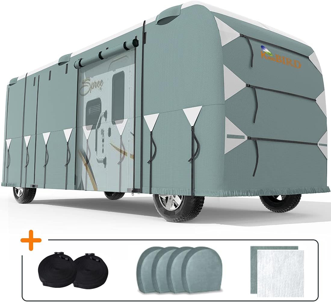 RV Cover, Extra-Thick 5 Layers Anti-UV Top Panel, Fits 40'-43' Motorhome, Water-Proof, with 2Pcs Extra Straps & 4 Tire Covers Z51406