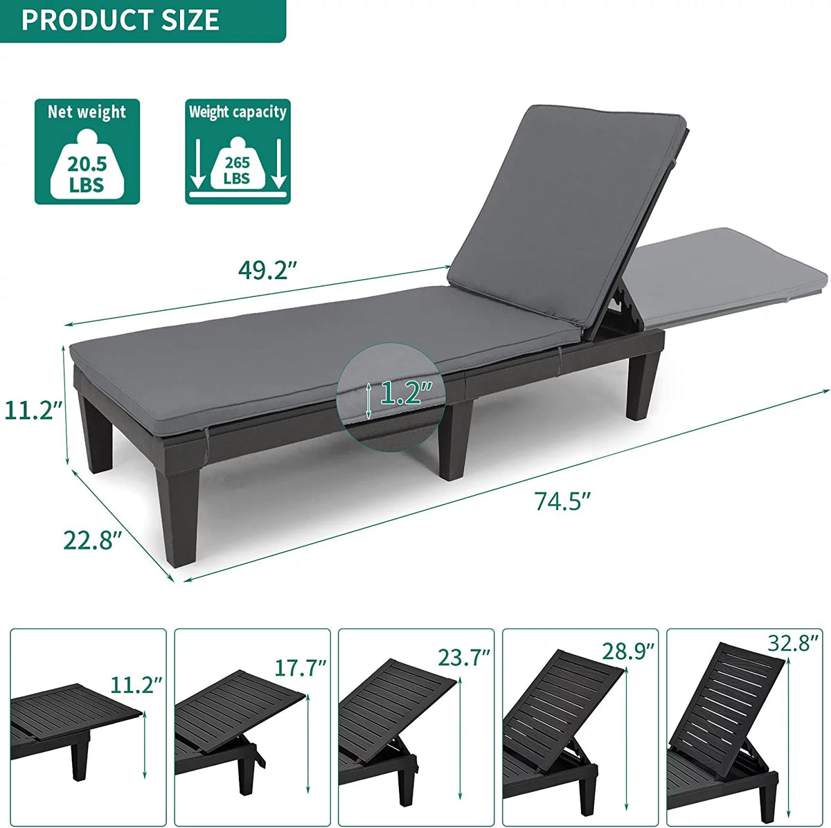 2 Pcs Adjustable Outdoor Chaise Lounge Chairs Set Black T2800
