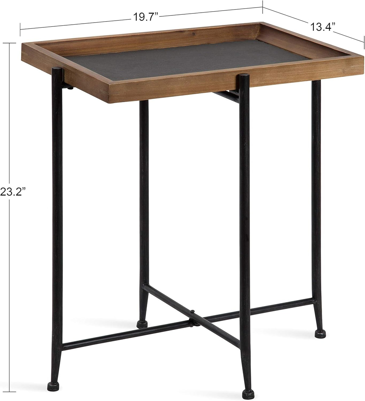 Rustic Brown Wood and Slate Side Accent Table with Black Iron Metal Base D47678
