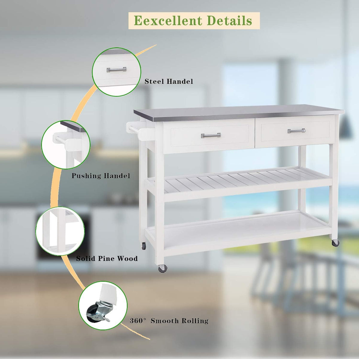 White Stainless Steel Top Kitchen Island on Wheels with 2 Drawers and Storage Shelves S1737