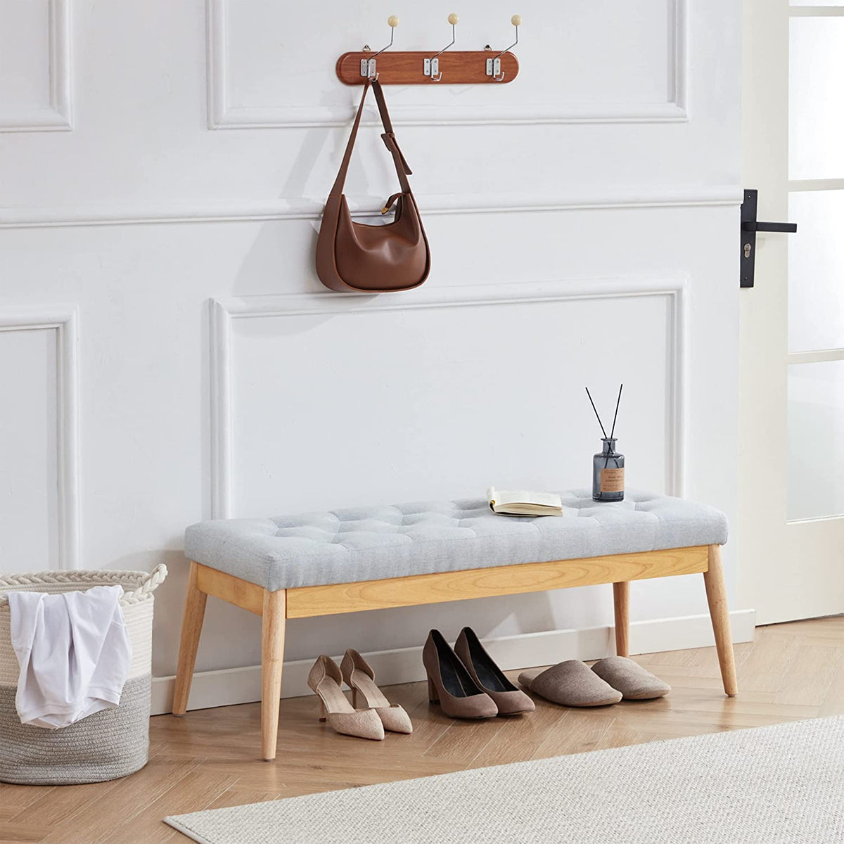 Grey Upholstered Tufted Wood Bench M775448