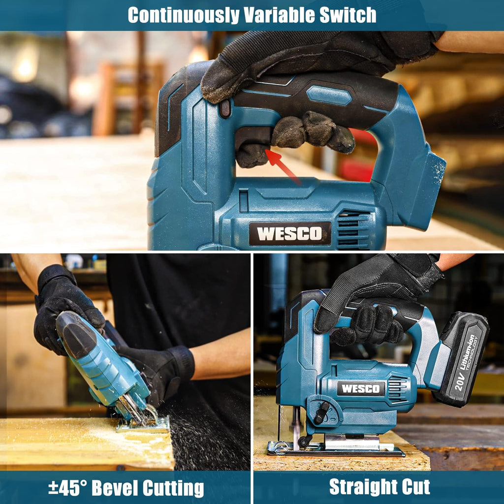 Cordless Jigsaw Tool with Battery, 2500SPM, ±45° Bevel, Adjustable Aluminum Base, LED Light, Pack of 2 S291
