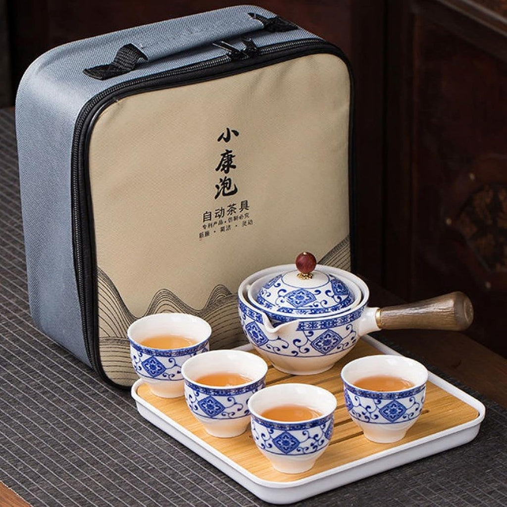 Ceramic Portable Travel Tea Set with 360 Rotation Teapot, 4 Tea Cups, Bamboo Tea Tray and Travel Bag N238