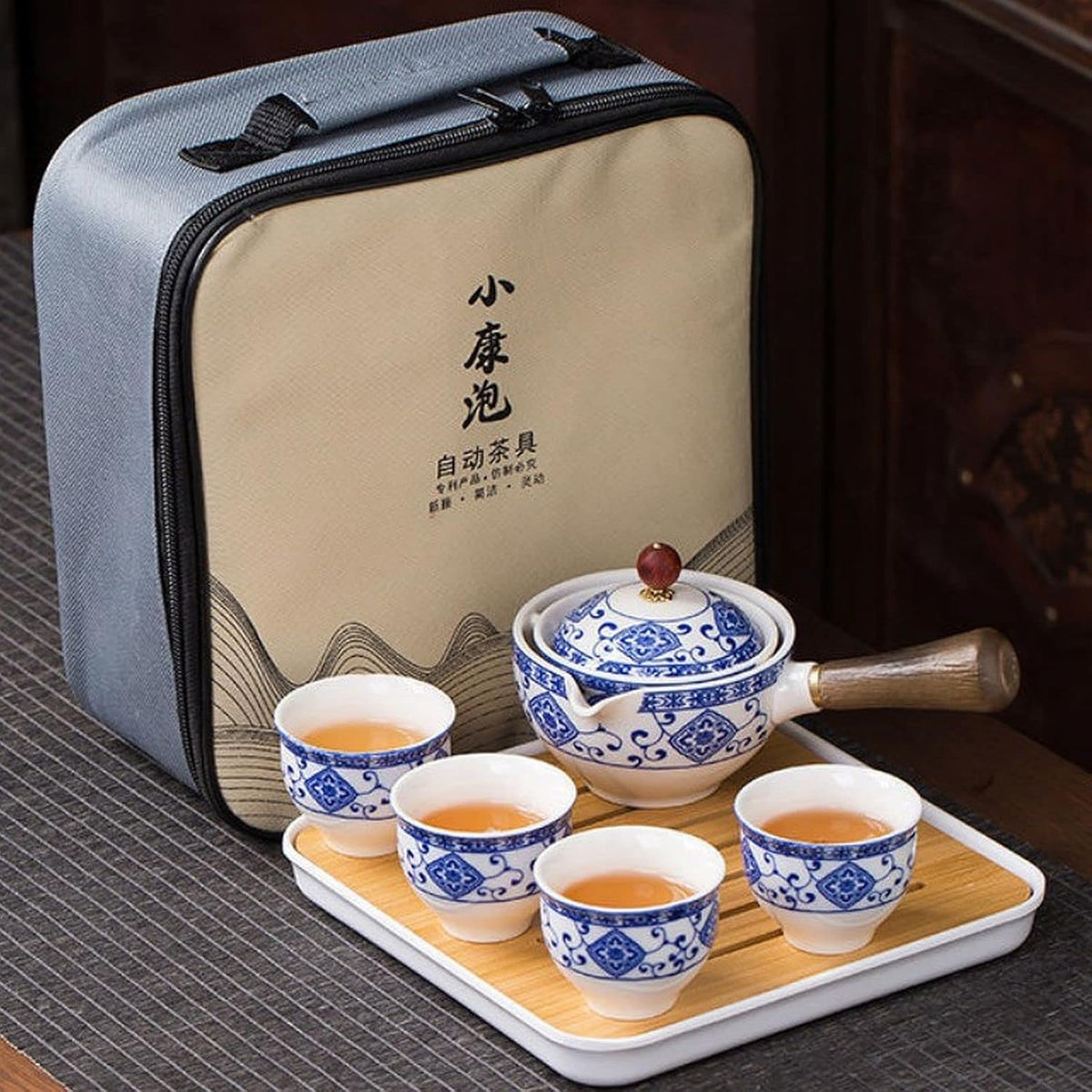 Ceramic Portable Travel Tea Set with 360 Rotation Teapot, 4 Tea Cups, Bamboo Tea Tray and Travel Bag N238