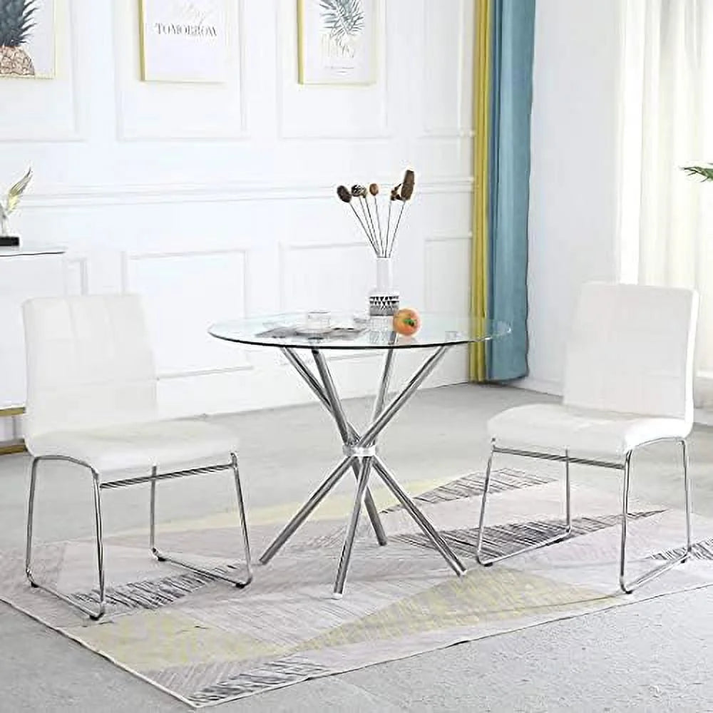 Round Glass Dining Table with Clear Tempered Glass Top 4 Chrome Legs Q885921