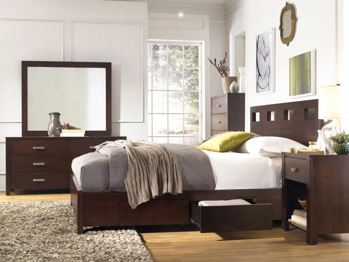 5PC Twin Storage Bed Dresser Mirror & Chest Set in Mocha Brown Mahogany G90123