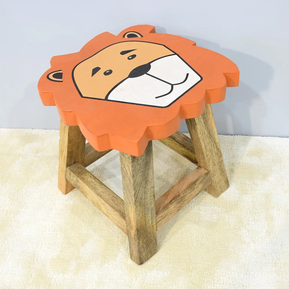 Handmade Mango Wood Orange Lion Shaped Stool N257307
