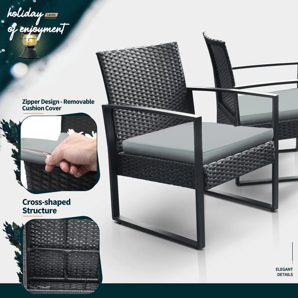 3 Pieces Cushioned PE Rattan Bistro Chairs Set of 2 with Coffee Table B429