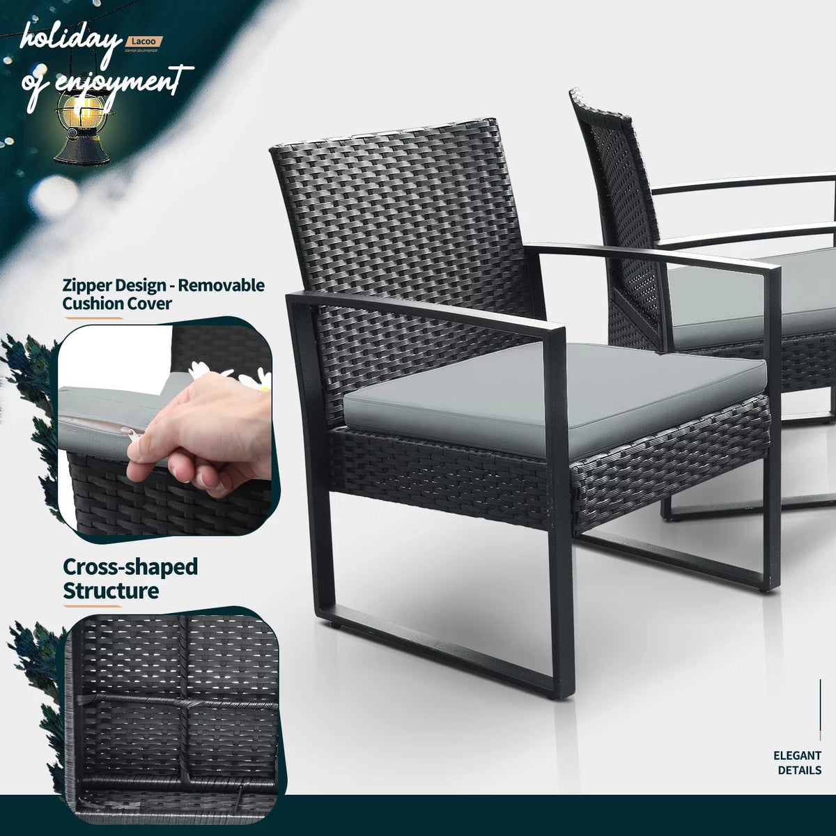 3 Pieces Cushioned PE Rattan Bistro Chairs Set of 2 with Coffee Table B429