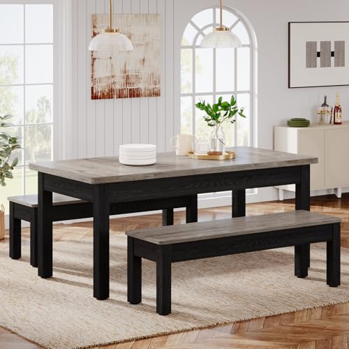 Farmhouse 55-Inch Wooden Dining Table Set with 2 Benches W6673
