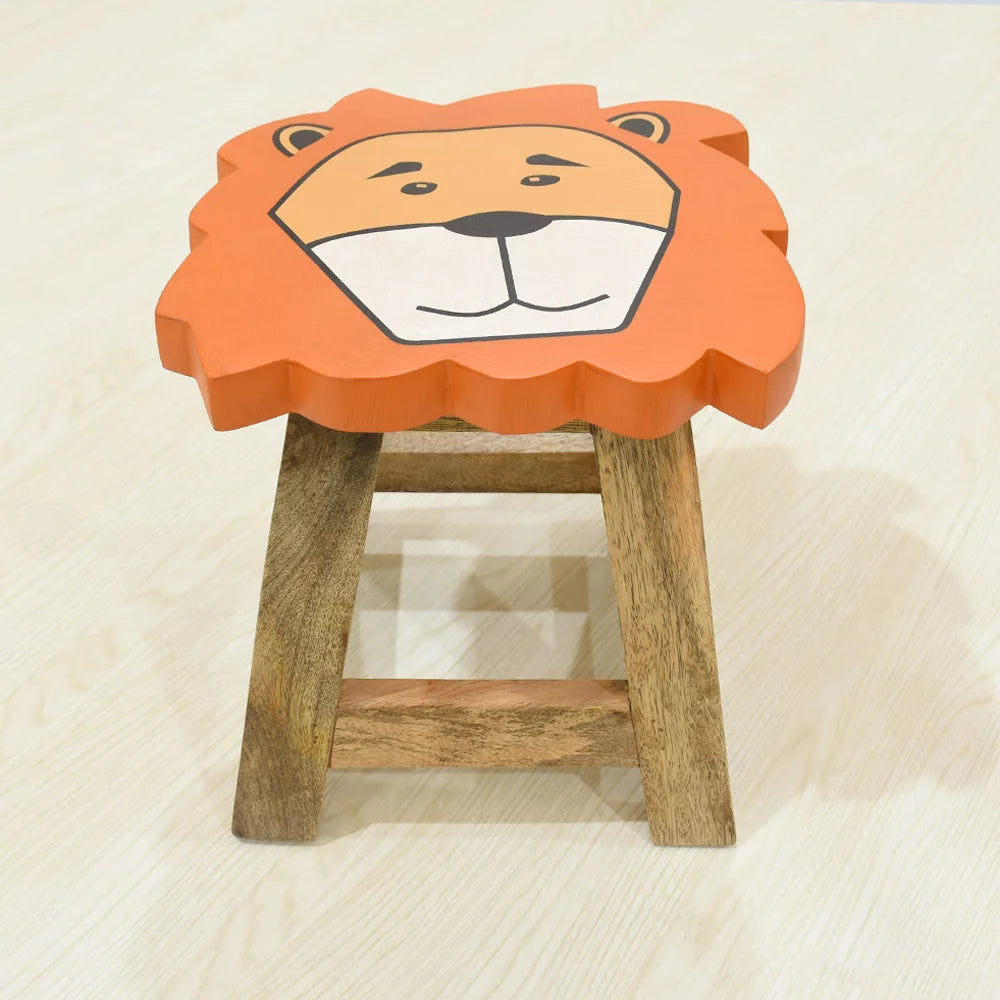 Handmade Mango Wood Orange Lion Shaped Stool N257307
