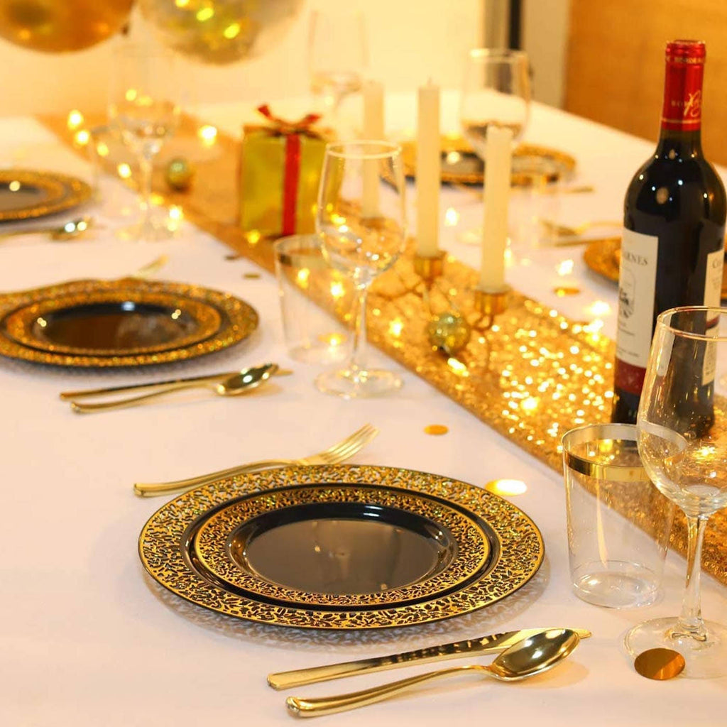 Black with Gold Rim Disposable Plastic Salad Plates 120pcs Z85069