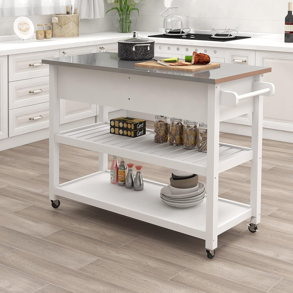 White Stainless Steel Top Kitchen Island on Wheels with 2 Drawers and Storage Shelves S1737