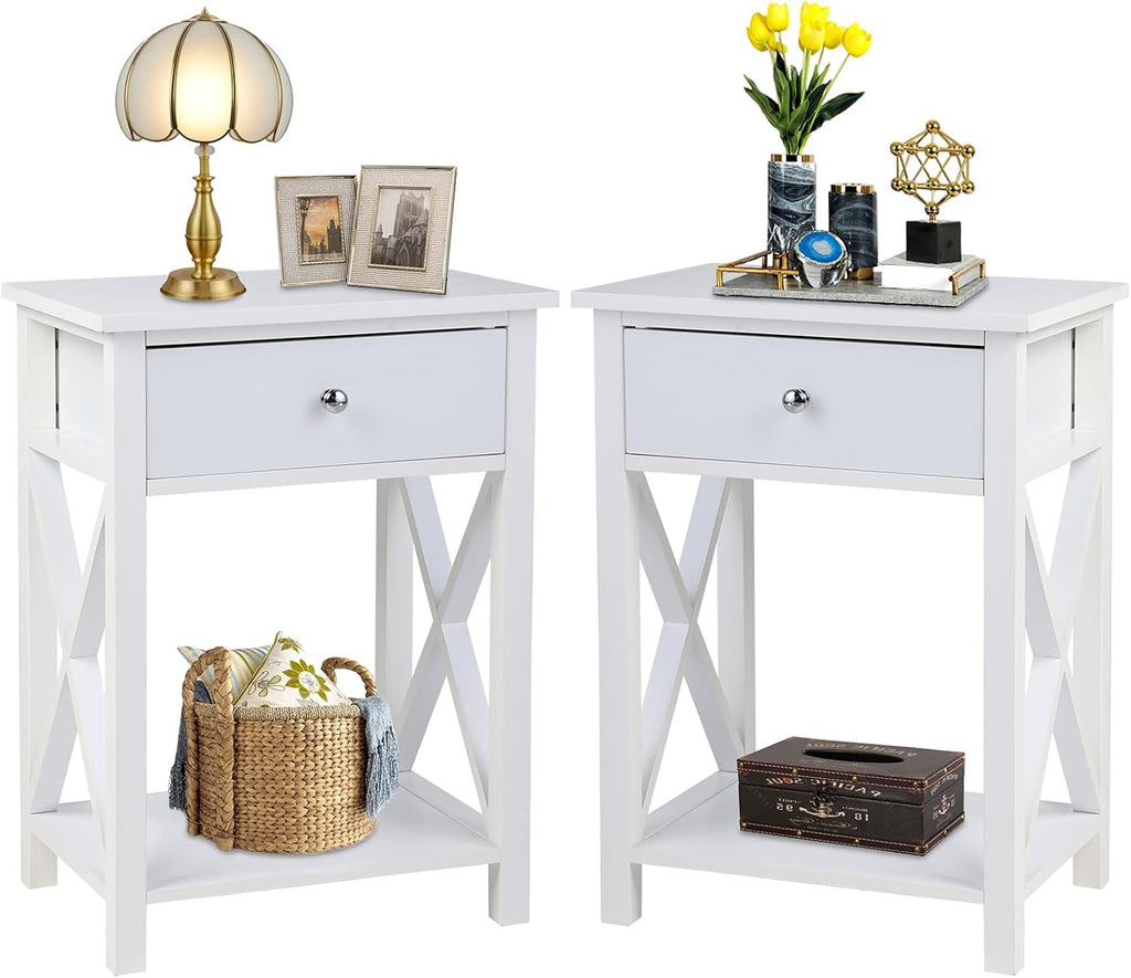 White Wooden Side End Table with Bin Drawer Set of 2 R304