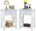 White Wooden Side End Table with Bin Drawer Set of 2 R304