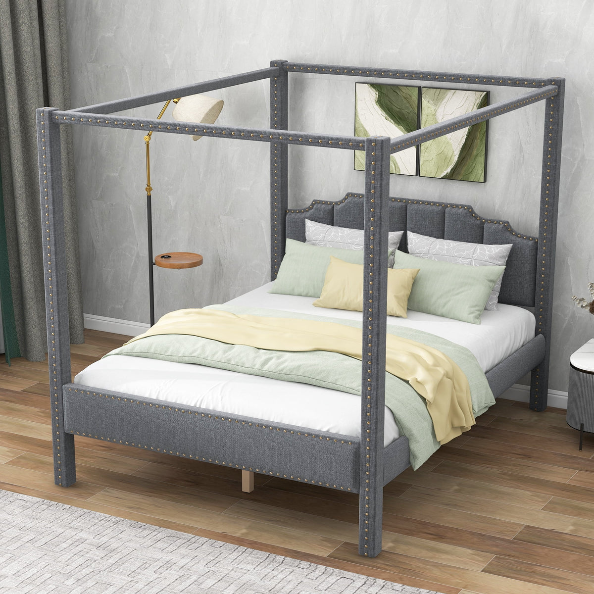 Queen Size Gray Upholstery Canopy Platform Bed with Headboard M2913