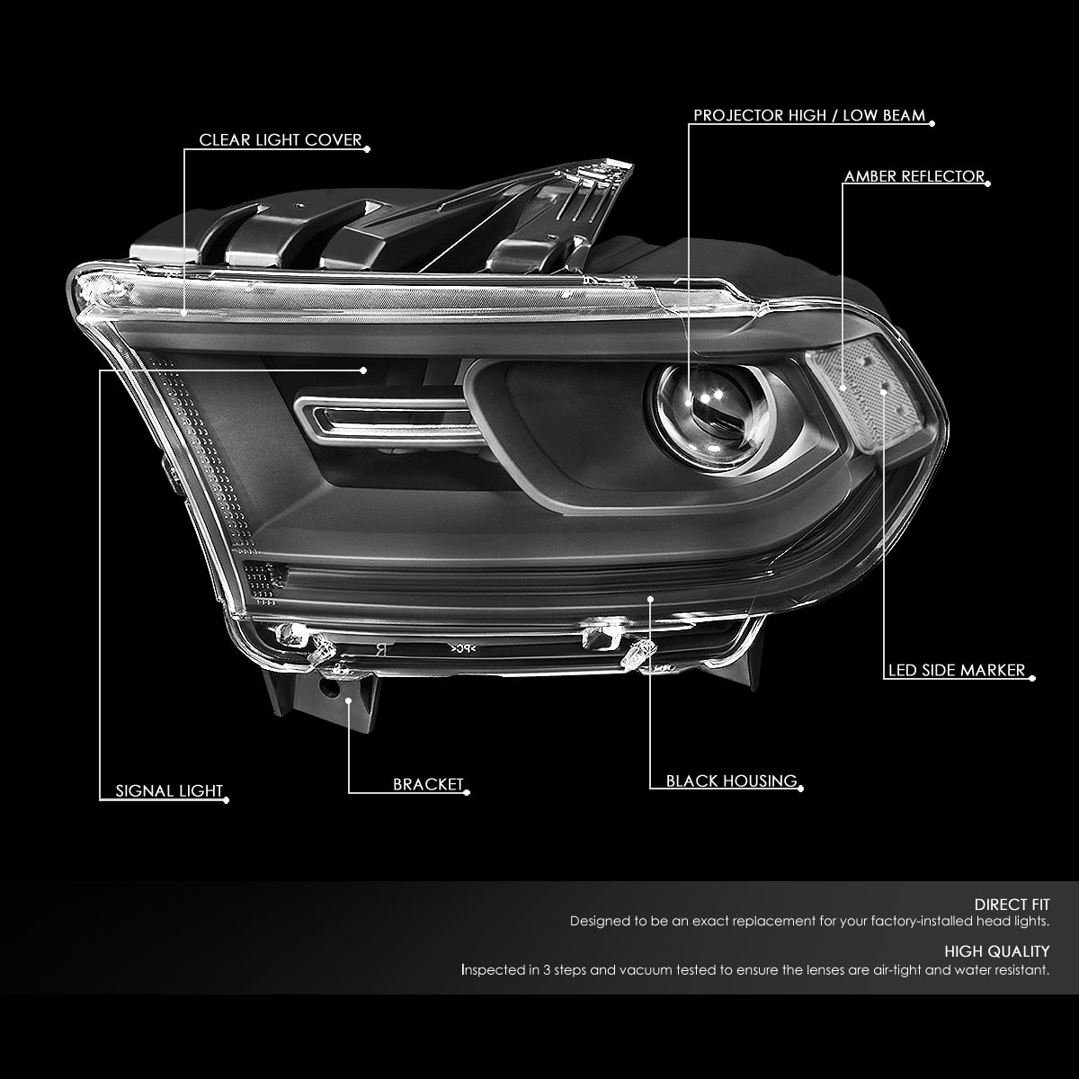 Pair Factory Style Projector Headlight Lamp with LED Side Marker Light Black Housing Clear Corner Z4392