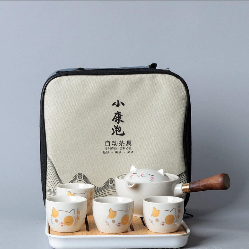 Ceramic Portable Travel Tea Set with 360 Rotation Teapot, 4 Tea Cups, Bamboo Tea Tray and Travel Bag N238