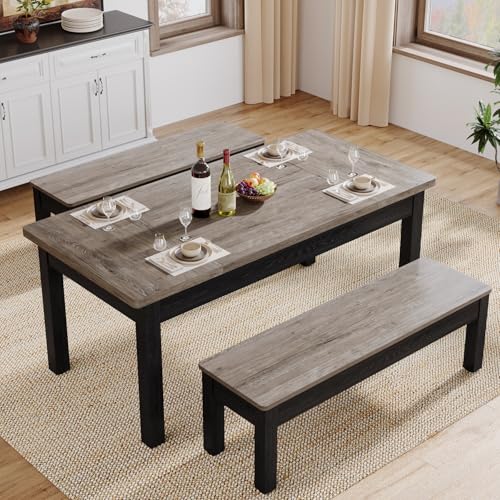 Farmhouse 55-Inch Wooden Dining Table Set with 2 Benches W6673