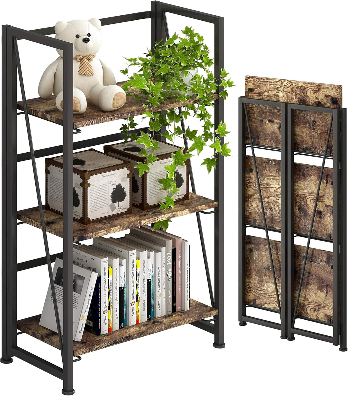 3 Tiers Folding Bookshelf Storage Shelves Bookcase M91012